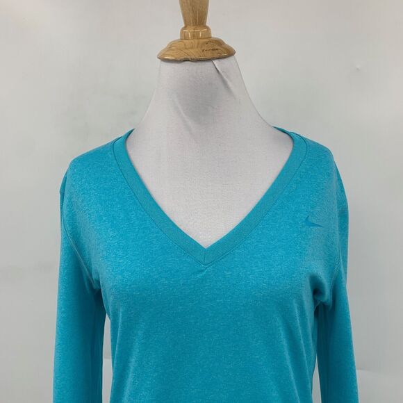 Nike Shirt Women S Small Peacock V Neck Regular Dri Fit Long Sleeve Pullover Tee - Picture 3 of 9